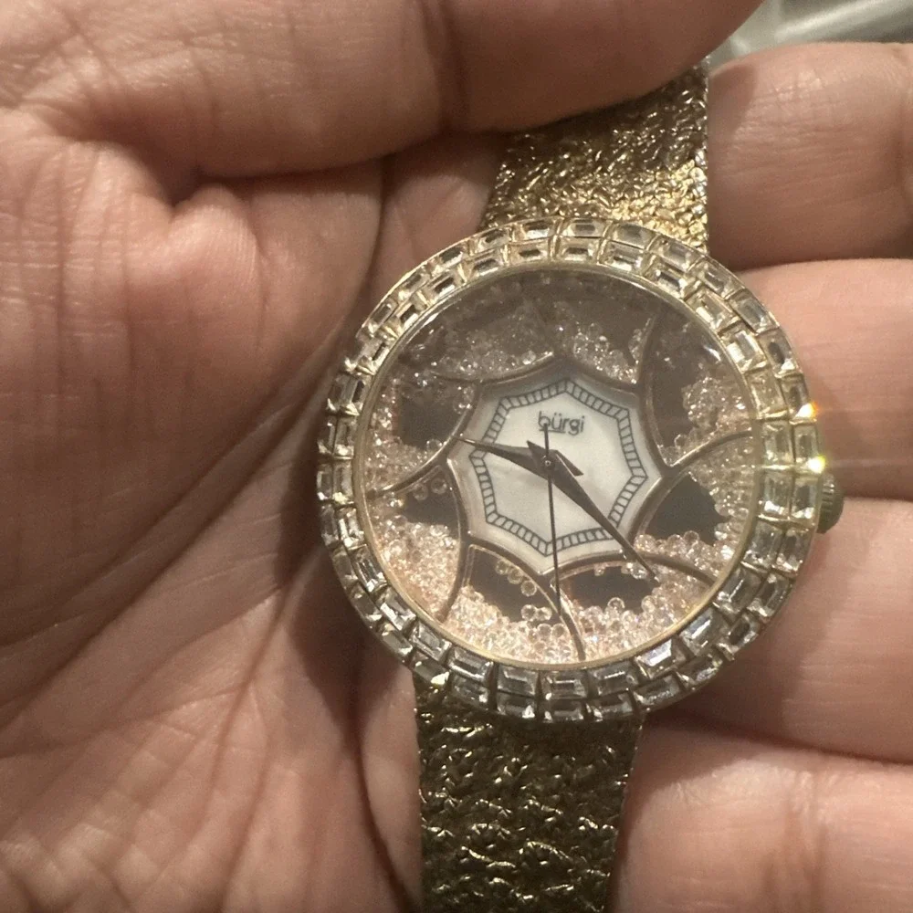 Working BURGI Womens Dainty Watch Swarovski Crystals MOP Gold Tone 37mm Fit 7.5